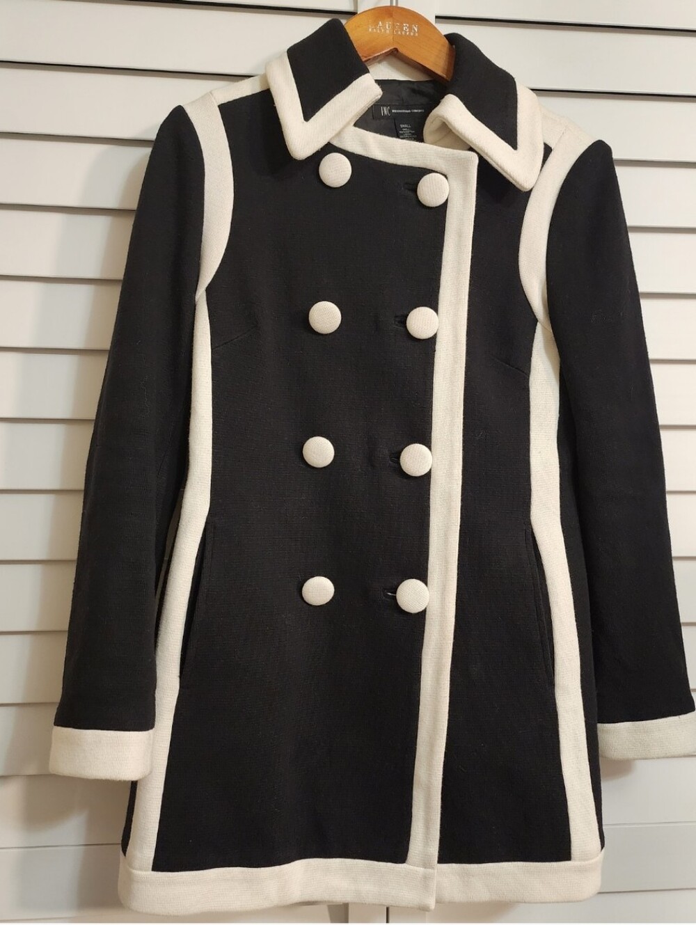 INC Black & Cream Double-Breasted Pea Coat, retro-inspired, 60s mod flair Small
